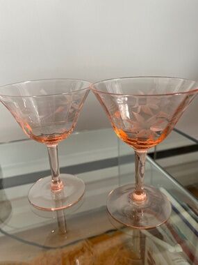 2 Vintage Etched Pink Depression Era Champagne Coupes